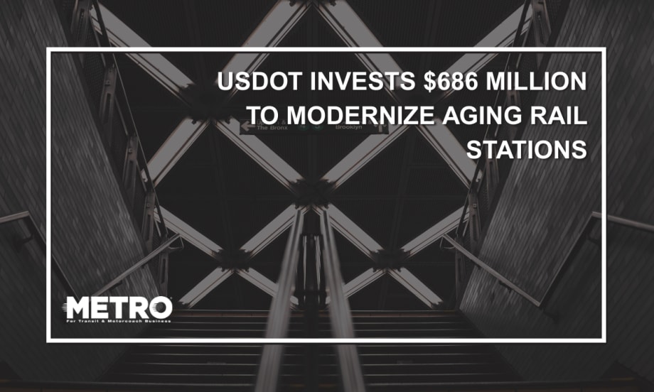 Stairs in a New York rail station with text reading "USDOT Invests $686 Million to Modernize Aging Rail Stations."
