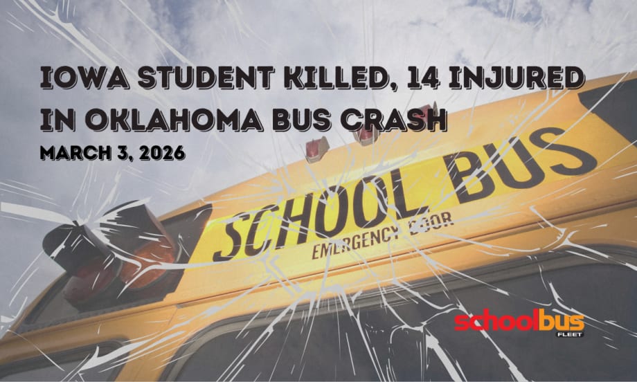 A school bus graphic with text reading "Iowa Student Killed, 14 Injured in Oklahoma Bus Crash."