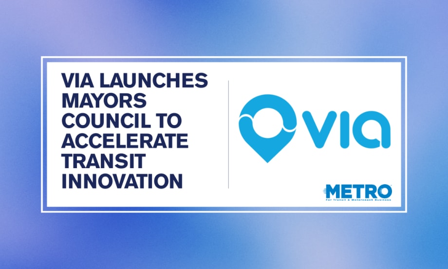A blue and white graphic with text reading "Via Launches Mayors Council to Accelerate Transit Innovation."