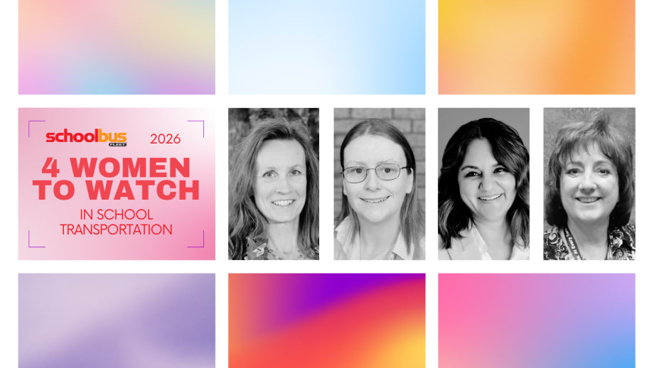 A colorful graphic with 4 portraits and text reading "4 Women to Watch in School Transportation."