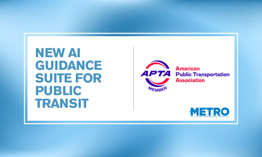 A blue and white graphic with the APTA logo and text reading "New AI Guidance Suite for Public Transit."