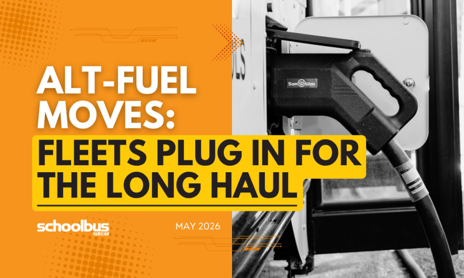 An orange and yellow graphic with a black and white image of an electric bus charger and text reading "Alt-Fuel Moves: Fleets Plug In For the Long Haul."