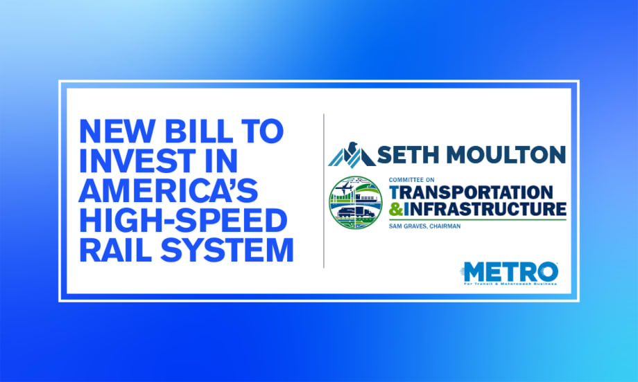 A blue and white graphic with text reading "New Bill to Invest in America's High-Speed Rail System."