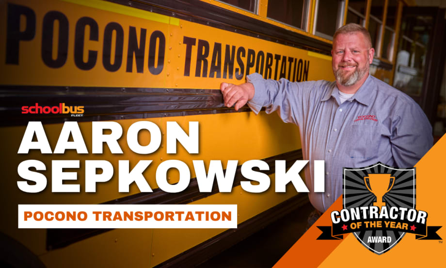 Aaron Sepkowski poses next to a Pocono Transportation school bus. Text read "Aaron Sepkowski, Pocono Transportion," alongside a SBF Contractor of the Year logo.