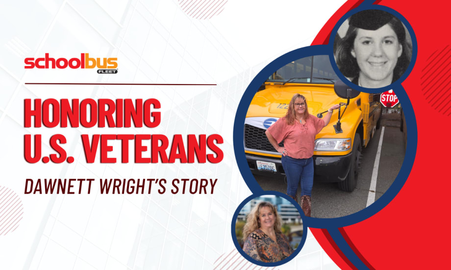 A red, white, and blue graphic with pictures of Dawnett Wright and text reading "Honoring U.S. Veterans: Dawnett Wright's Story."