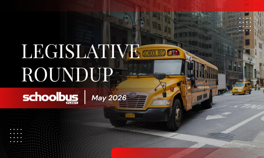 A black, white, and red graphic with an image of a school bus on a New York street and text reading "Legislative Roundup May 2026."