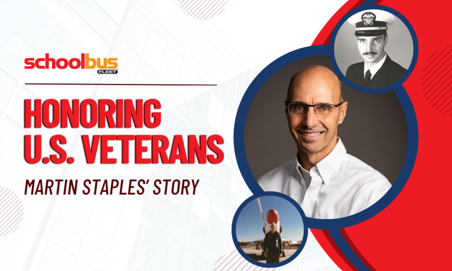 A red, white, and blue graphic with pictures of Martin Staples and text reading "Honoring U.S. Veterans: Martin Staples' Story."