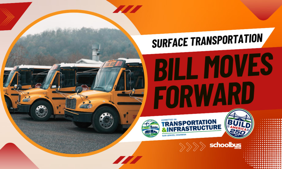 An orange and red graphic with text reading "Surface Transportation Bill Moves Forward."