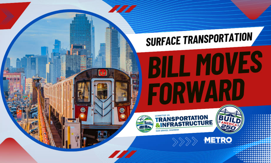 A red, white, and blue graphic with an image of a rail line in NYC and text reading "Surface Transportation Bill Moves Forward."