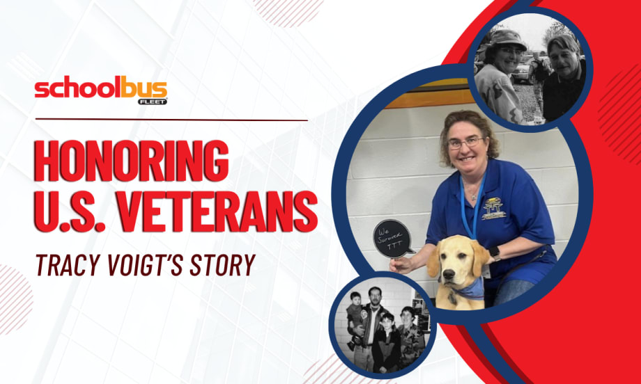 A red, white, and blue graphic with pictures of Tracy Voigt and text reading "Honoring U.S. Veterans: Tracy Voigt's Story."