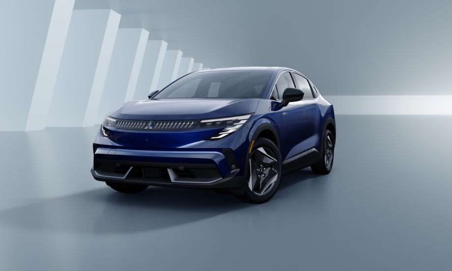 A schematic photo of a dark blue Mitsubishi Eclipse Sportback in a soft gray structural background evocative of a futuristic parking deck.