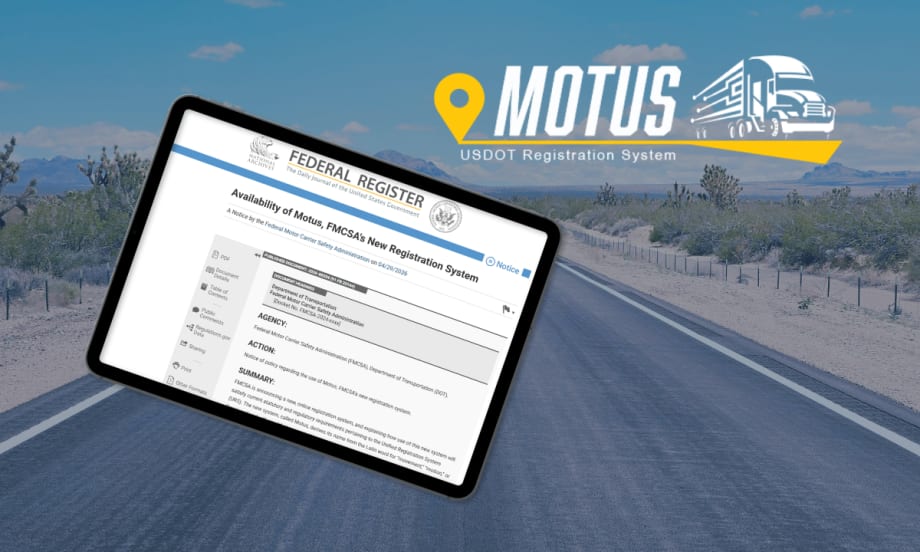 Mobile tablet showing Motus screen against highway background with Motus logo