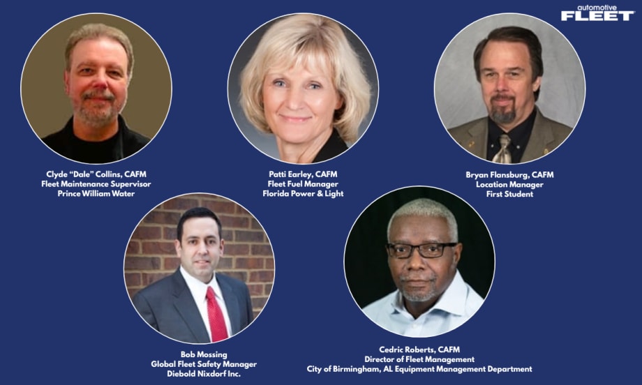 Composite graphic featuring portraits of NAFA’s 2026 Fellows: Clyde “Dale” Collins, Patti Earley, Bryan Flansburg, Bob Mossing and Cedric Roberts, recognized for fleet leadership and service.
