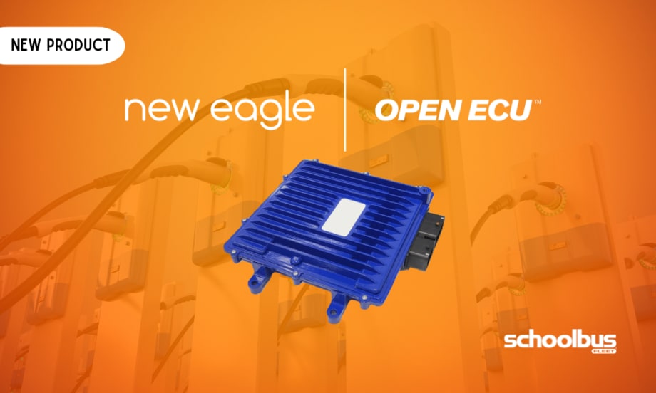 Promotional graphic announcing New Eagle's OpenECU platform. A blue electronic control unit (ECU) is featured against an orange background with EV charging stations and charging cables. The image includes the New Eagle and OpenECU logos, a "New Product" label, and School Bus Fleet branding.