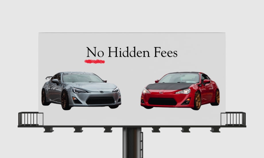 two cars on a billboard, No Hidden Fees