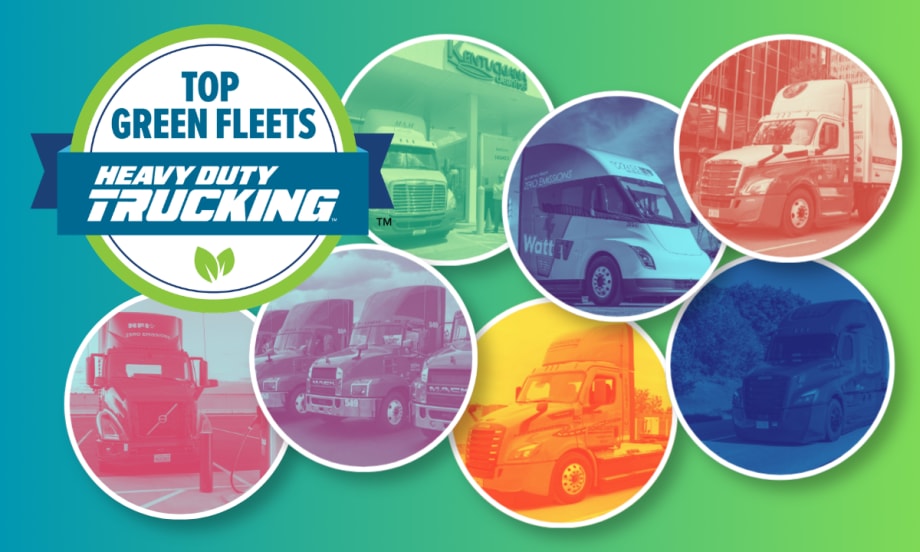 Circles with trucks demonstrating sustainable features and Top Green Fleets logo