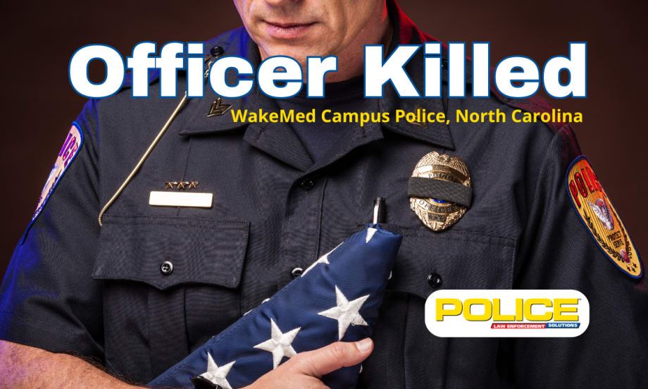 police officer holding a folded flag and headline for Officer Killed