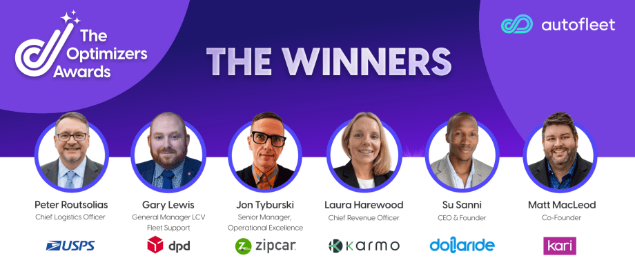 Graphic announcing the 2026 Autofleet Optimizers Awards winners, featuring headshots of leaders from USPS, DPD UK, Zipcar, Karmo, Dollaride, and Kari Ride Hailing.