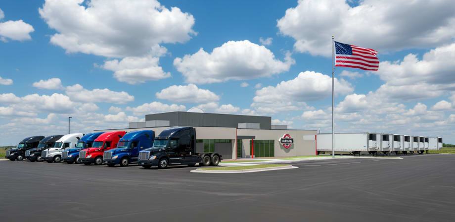 Artist rendering of dealership with trucks and trailers parked outside