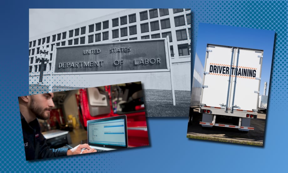 Illustration of Department of Labor building, diesel technician at a computer, and driver training semi trailer