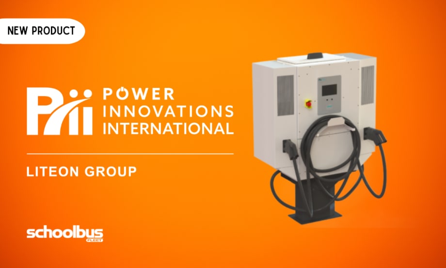 Promotional graphic for a new product from Power Innovations International. The image features the company's logo and a pedestal-mounted dual-cable EV fast charger against an orange background. A "New Product" label appears in the upper left corner, with School Bus Fleet branding in the lower left.