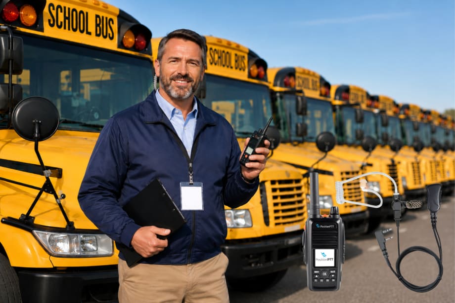 School transportation professional holding a two-way radio in front of a row of school buses, with PositionPTT radio and communication accessories pictured alongside him.