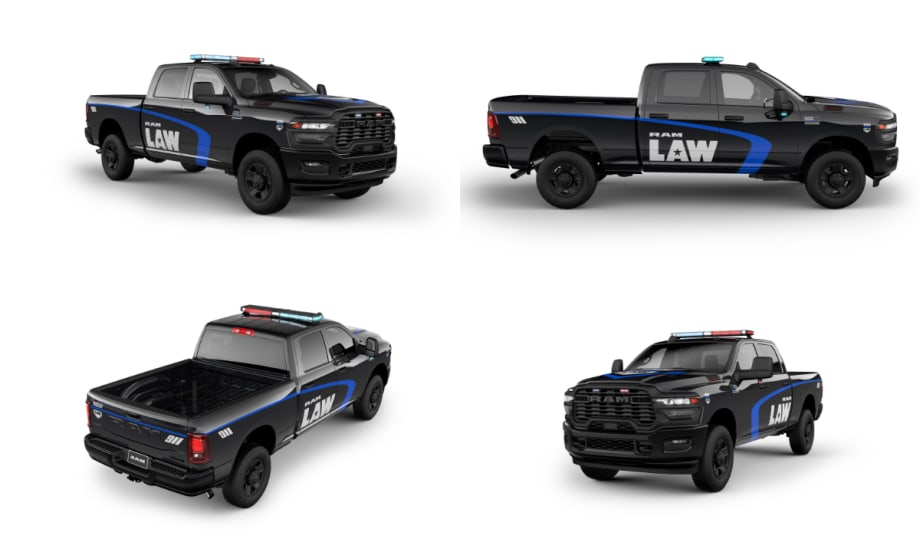 Black Ram 2500 emergency response pickup with police-style lights shown from multiple angles, designed for law enforcement and first responder fleet use.