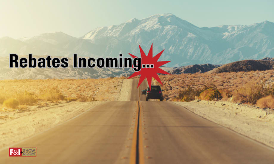 desert road with cars driving away, Rebates Incoming with red star graphic, F&I and Showroom logo