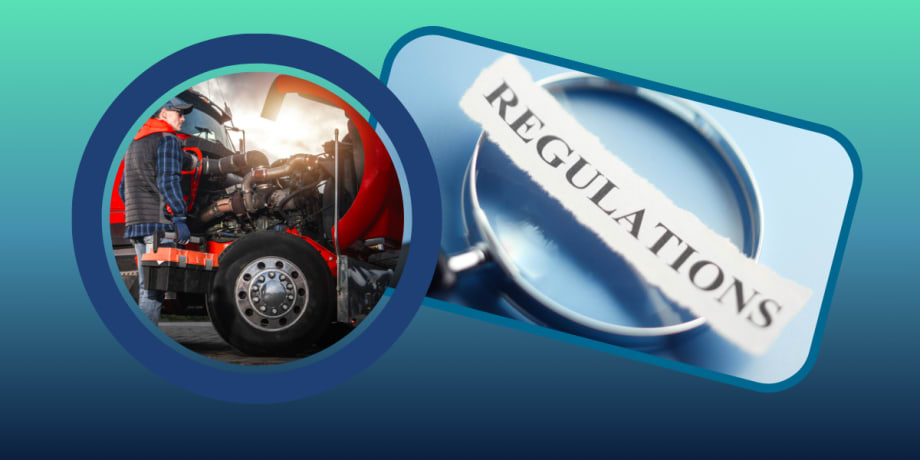 Illustration of truck owner operator and magnifying glass with the word "regulations"