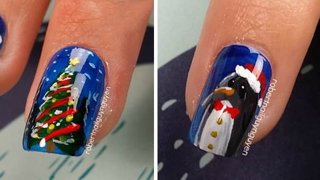 Hand-Painted Penguin and Christmas Tree