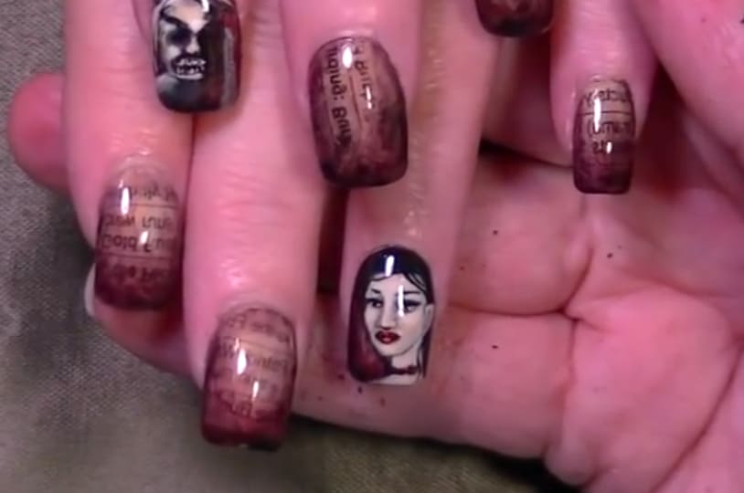 Blood Stained Newspaper Halloween Nails by Robin Moses