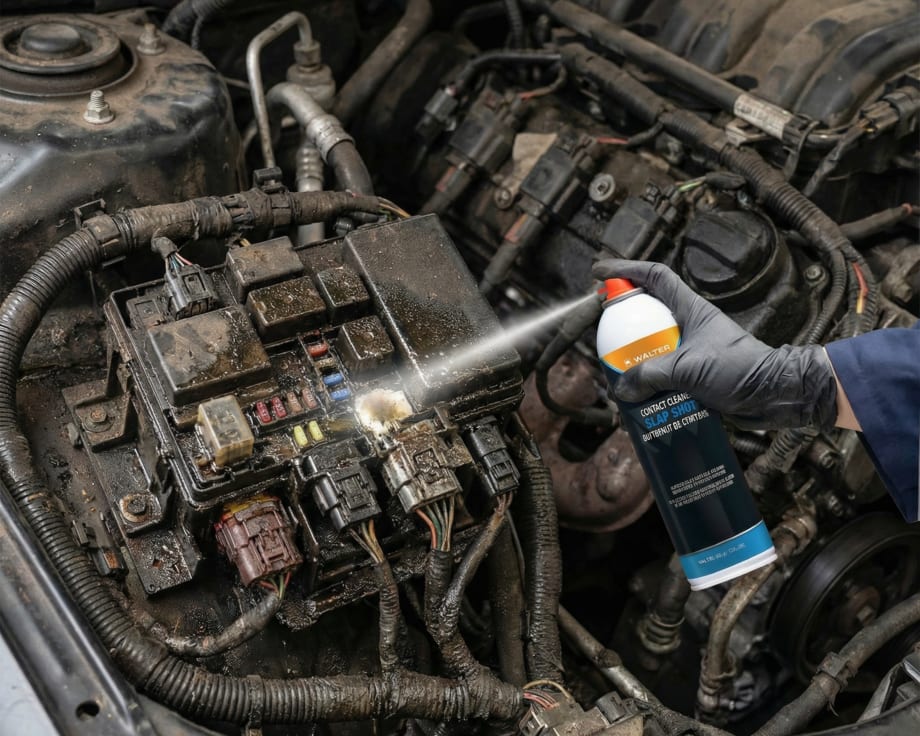 An image of a car engine being sprayed with cleaner.