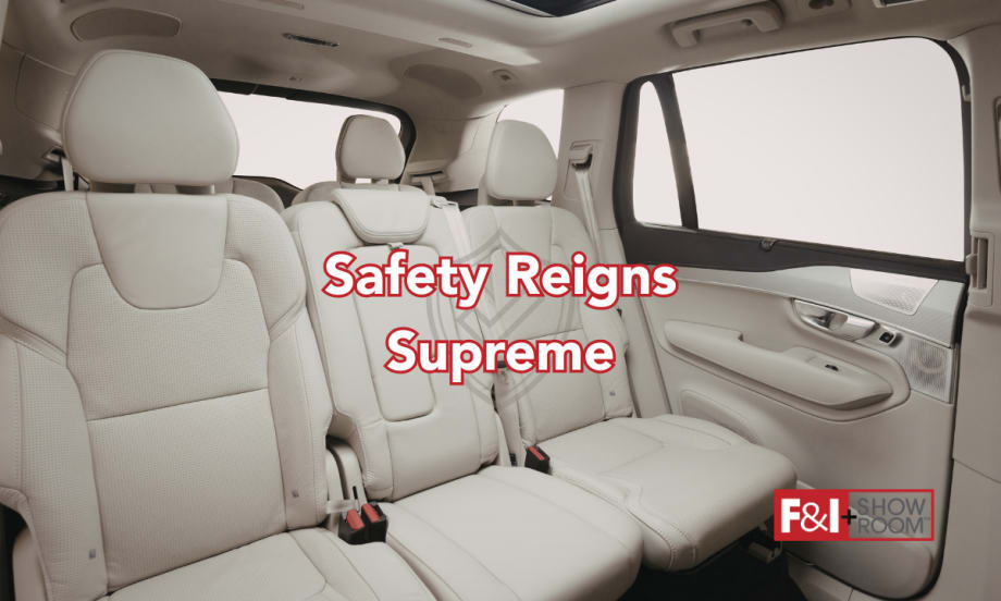 back seat of an SUV, cream colored leather, text Safety Reigns Supreme, F&I and Showroom logo