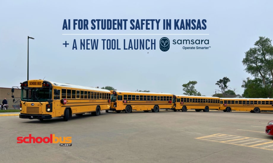School Bus Fleet graphic showing multiple school buses lined up in a parking lot with text highlighting AI for student safety in Kansas and Samsara’s new transportation technology launch.