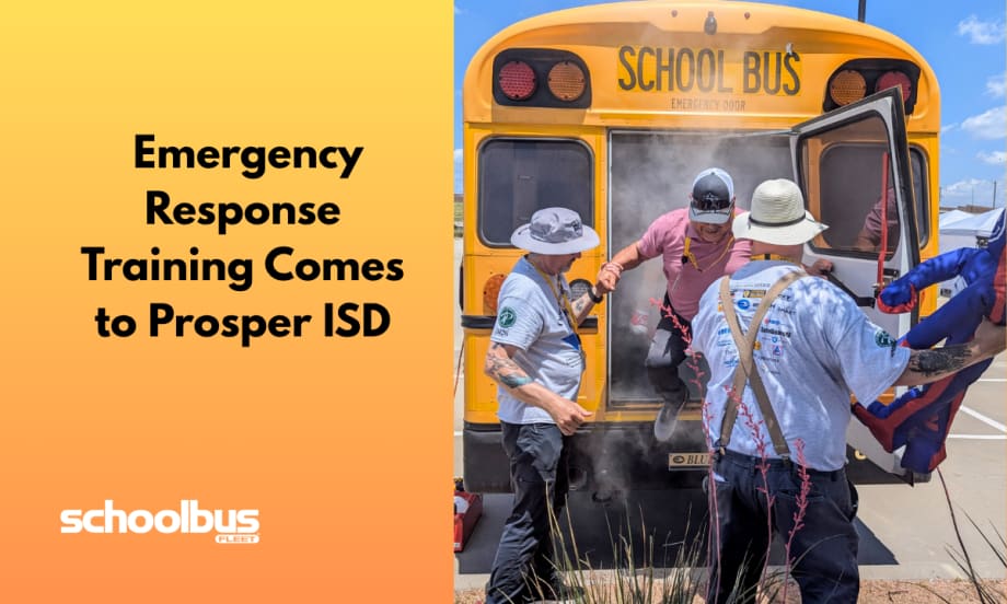 Emergency response personnel assist participants evacuating through the rear emergency door of a yellow school bus during a hands-on safety training exercise at Prosper ISD. Smoke fills the bus interior as responders demonstrate emergency evacuation procedures.