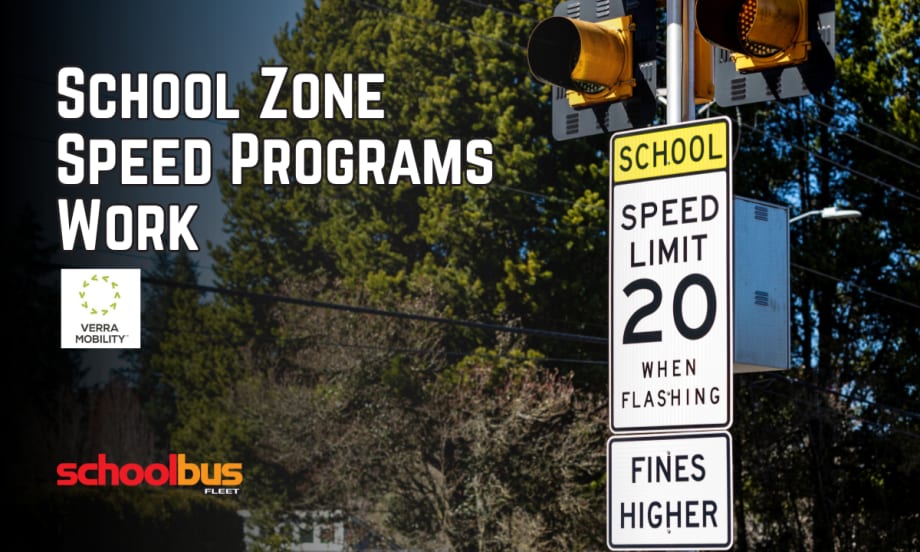 Graphic reading “School Zone Speed Programs Work” beside a school zone speed limit 20 sign with flashing warning lights, featuring Verra Mobility and School Bus Fleet logos.