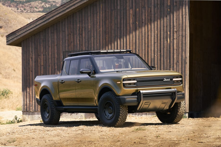 Photo of Scout Terra pickup truck outside farm building