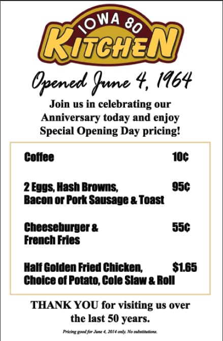 Iowa 80 Celebrates 50th Anniversary with 1964 Menu Prices