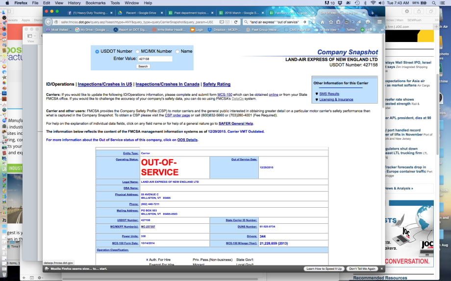Land-Air Express of New England Put Out of Service by FMCSA