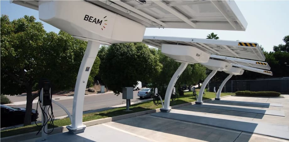 Beam Global EV ARC solar-powered charging stations installed in Stanislaus County, California, providing off-grid EV fleet charging with on-site renewable energy.