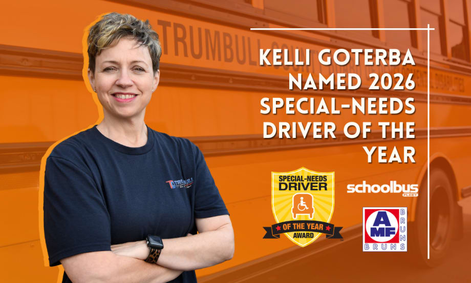 Kelli Goterba, the 2026 Special-Needs Driver of the Year, stands with her arms crossed in front of a Trumbull County Board of Developmental Disabilities school bus.