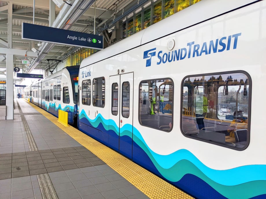 A Sound Transit Link light rail vehicle in a station