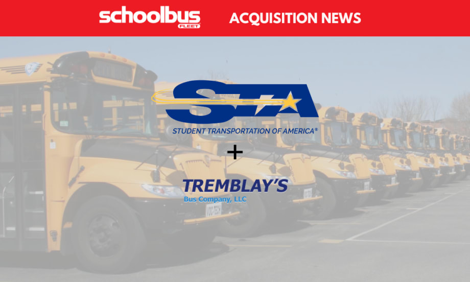 Graphic announcing an acquisition in the school transportation industry, featuring the Student Transportation of America (STA) and Tremblay's Bus Company logos over a background of parked yellow school buses, with the headline "Acquisition News" and School Bus Fleet branding.