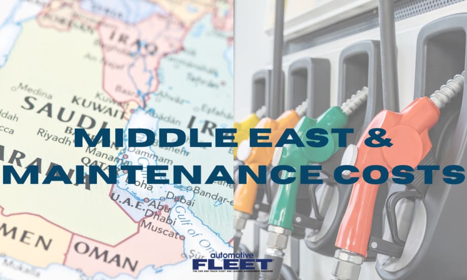 Map of the Middle East beside fuel pump nozzles illustrating how regional supply disruptions are increasing fuel prices and raising fleet maintenance costs for petroleum-based products.