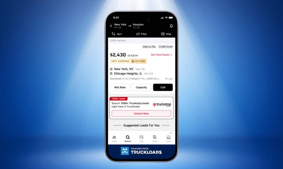 TruckLoads mobile app screen displaying freight load listings through the new integration with Truckstop.com load board services.