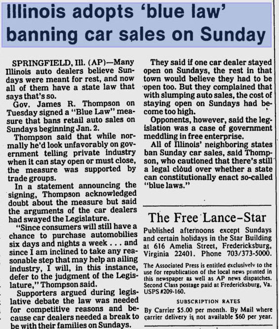 Illinois Senator Proposes Repeal of 'Blue Law'