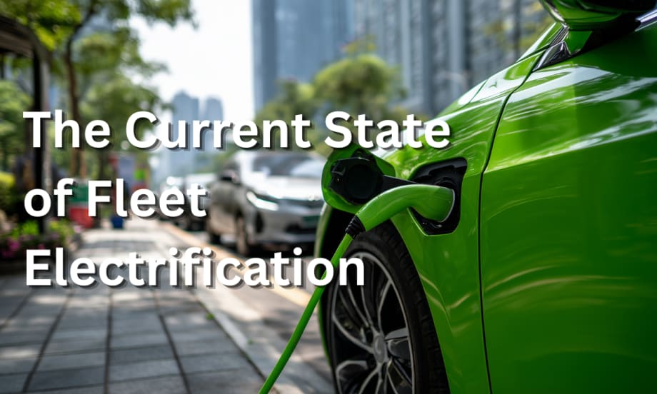 green car with text over it reading The Current State of Fleet Electrification