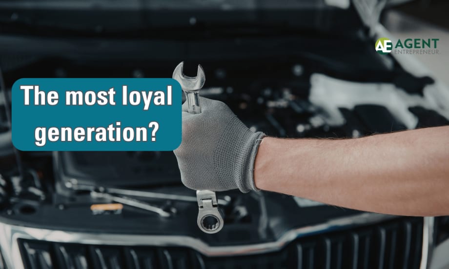 car with hood open, an arm holding a wrench, The most loyal generation text, Agent Entrepreneur logo
