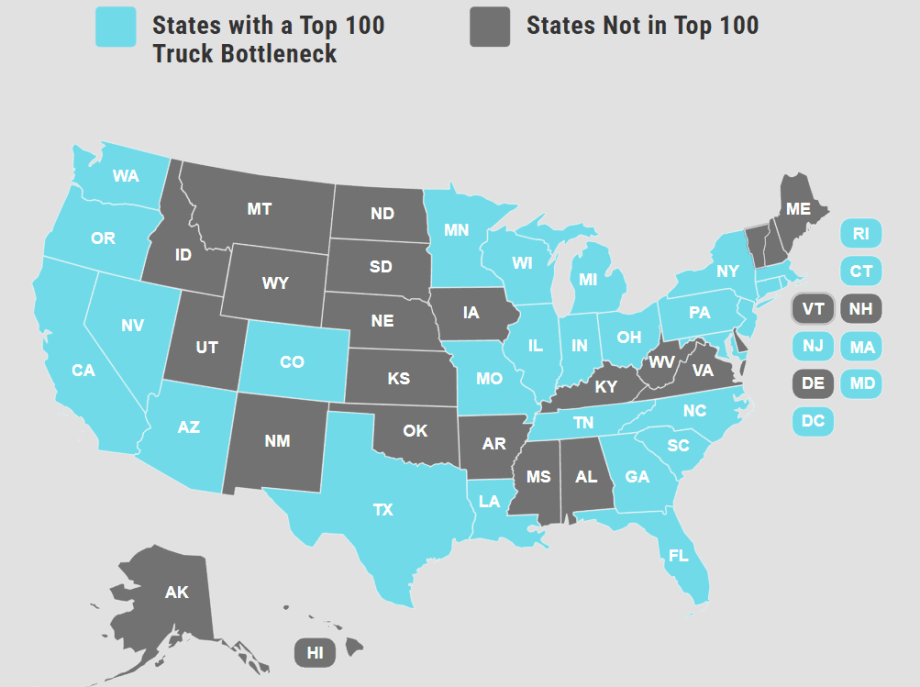 Map showing which states have bad freight bottlenecks