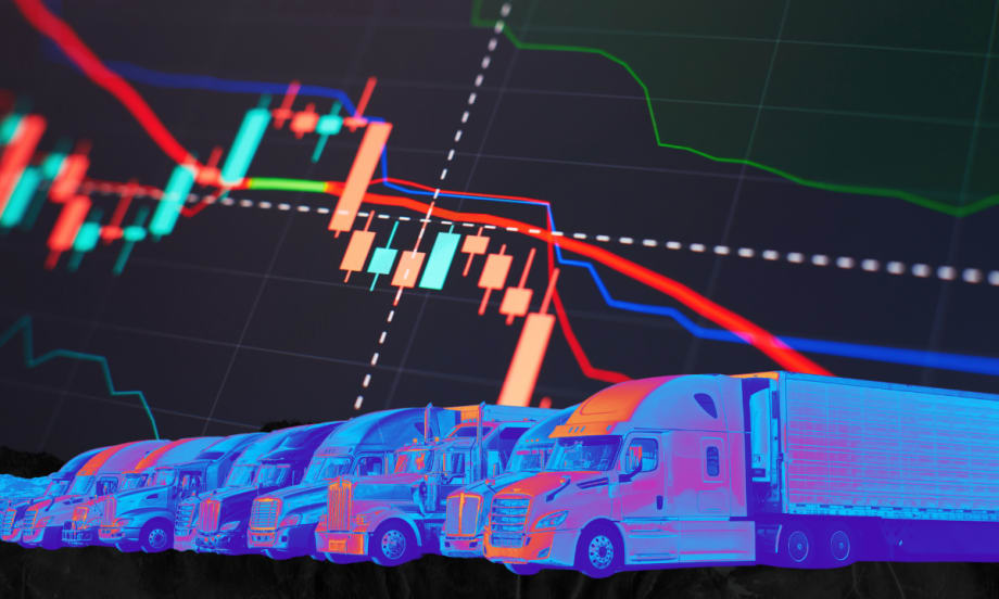 Illustration showing generic graphs and stylized trucking fleet